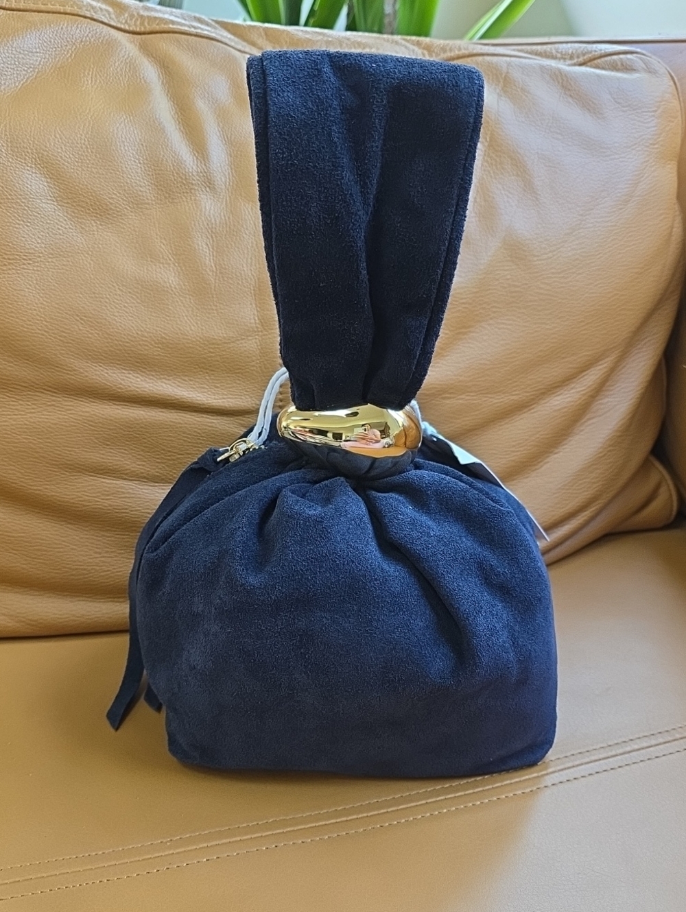 Suede Mini Wristlet Bag with Gold Accent - Navy